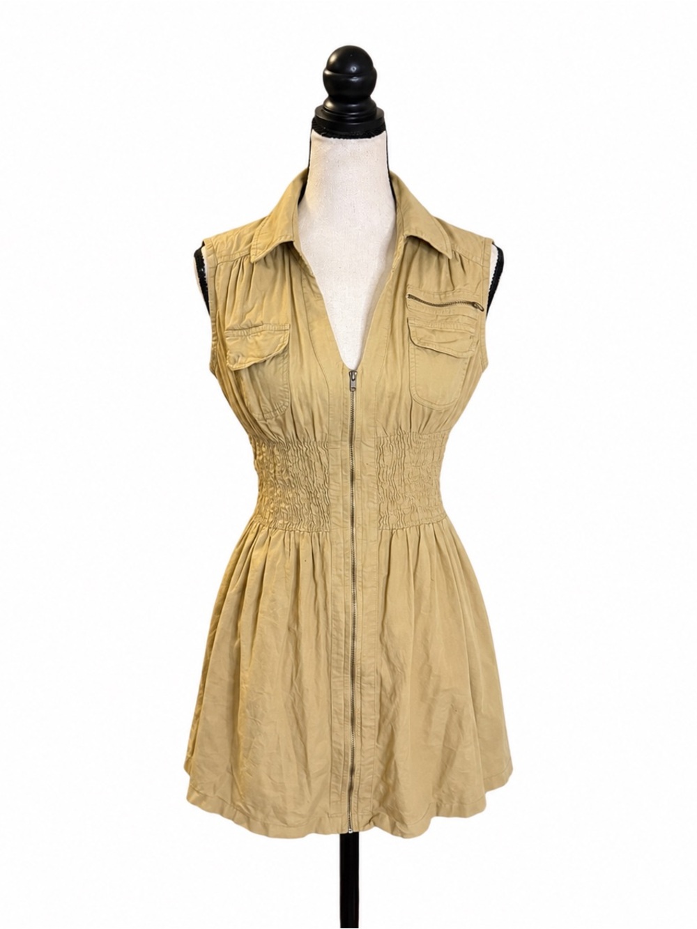 J. glee Tan Utility Safari Zip Front Fit & Flare Mini Dress Small